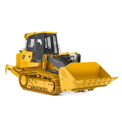 Yellow bulldozer with front loader facing forward.