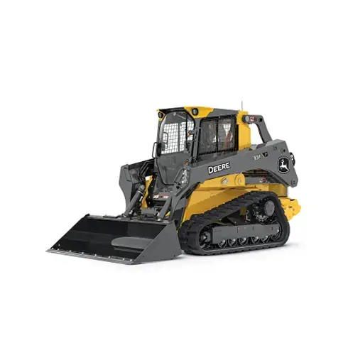 Bulldozer with front loader, stationary on white background.