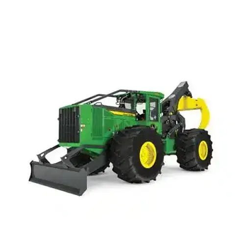 Green forestry skidder with large tires and front blade.