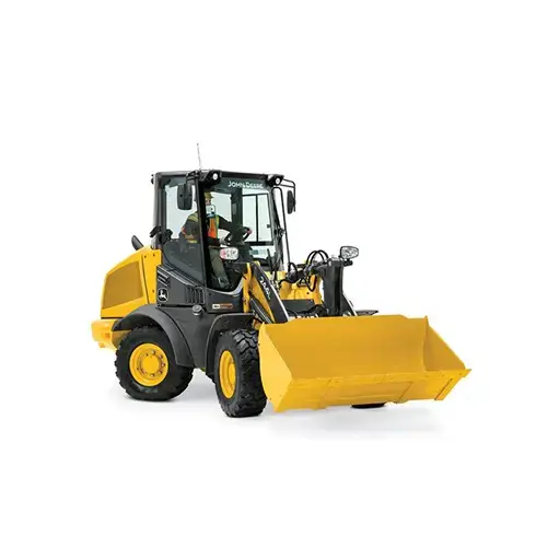 Yellow front loader with enclosed cab facing forward.