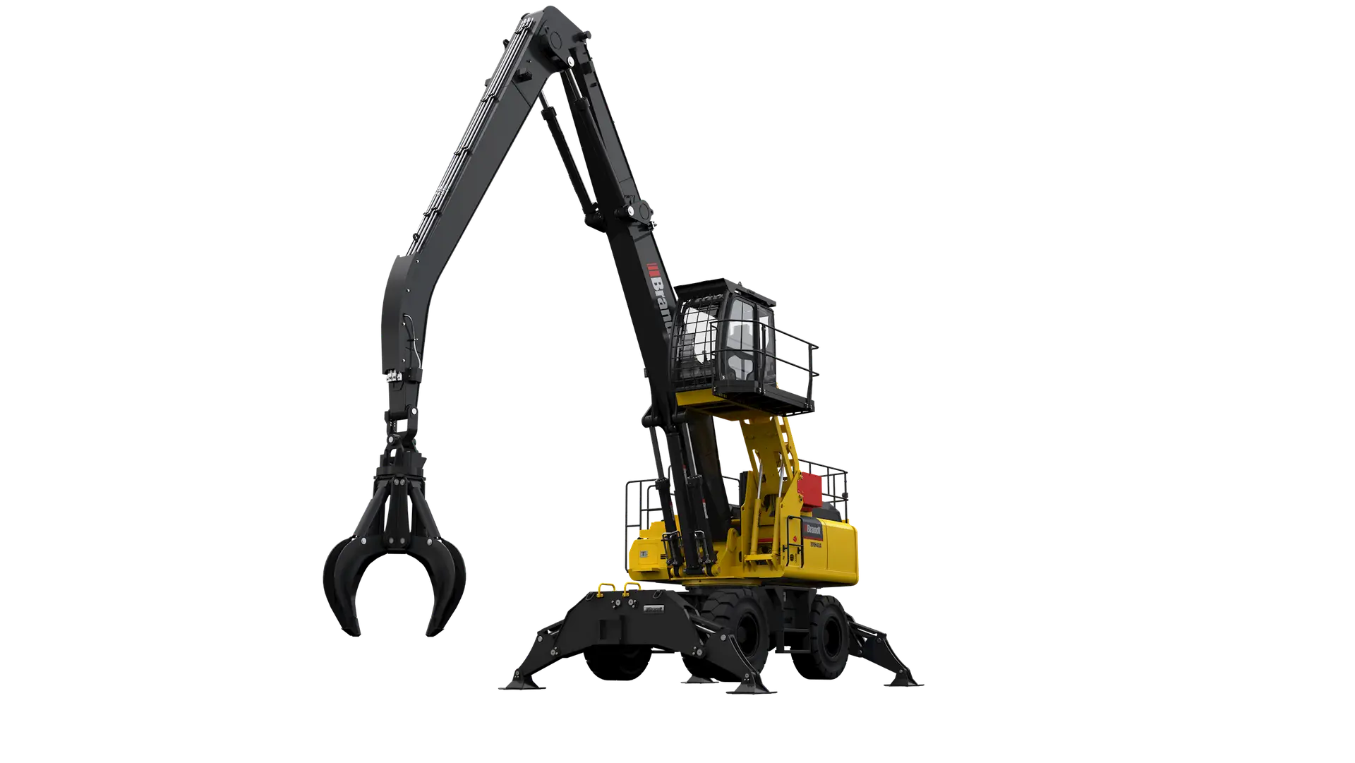 Yellow industrial machine with extended grapple arm.