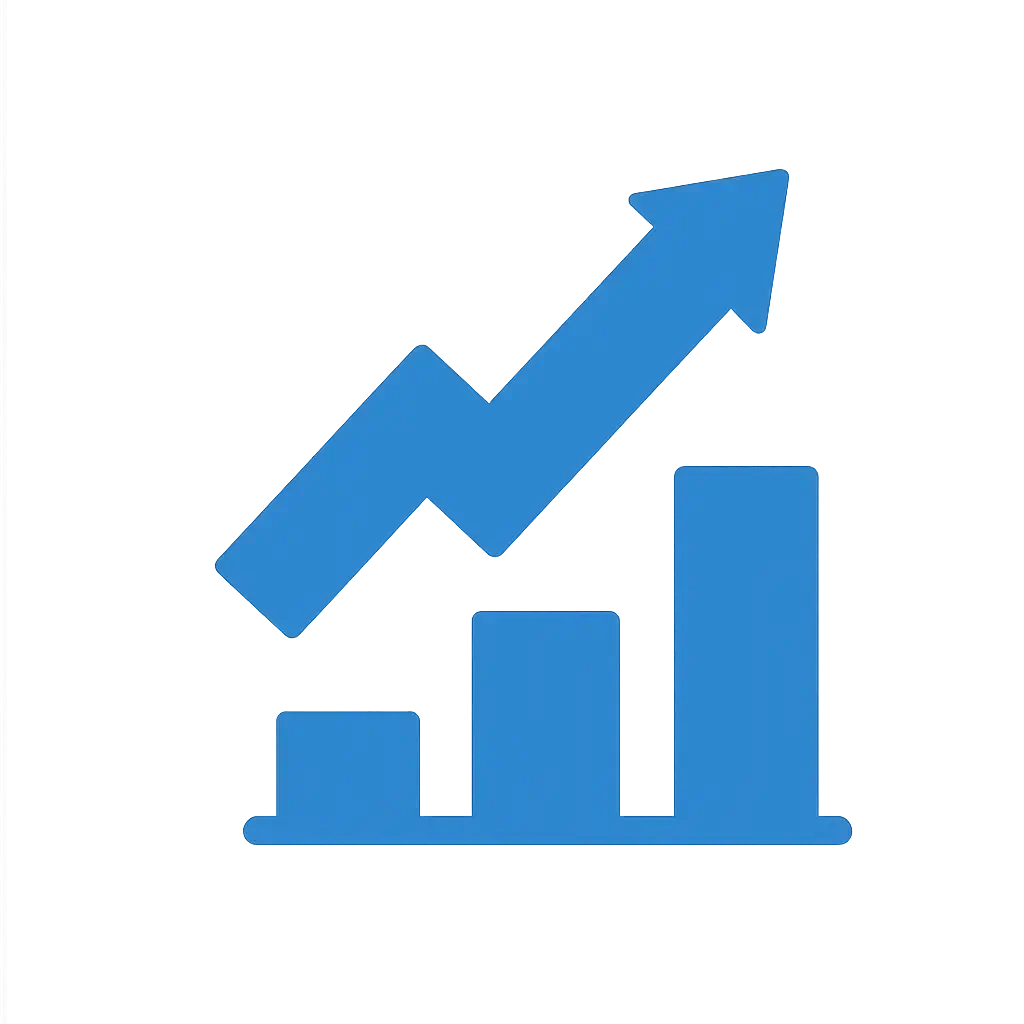 Blue upward arrow over bar graph.