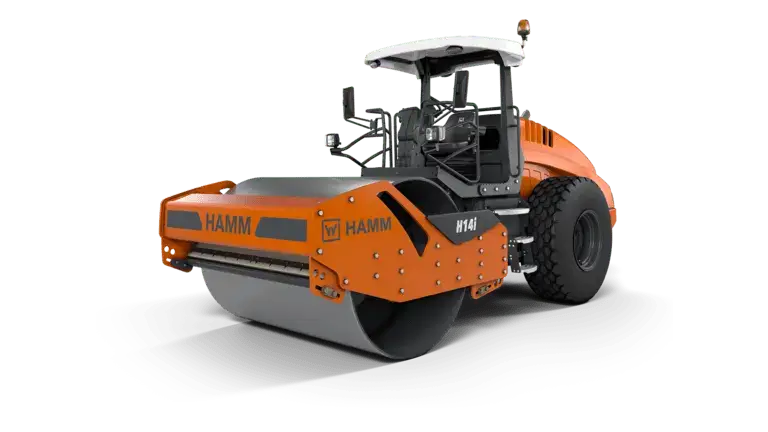 Orange road roller standing on clear surface.