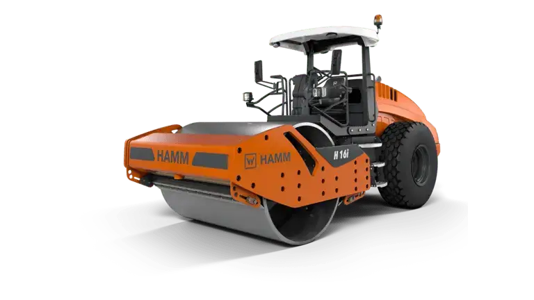 Construction roller with orange body and black tires.