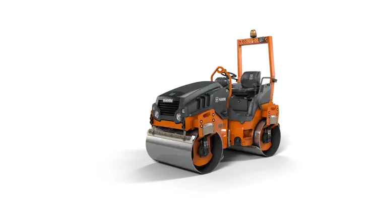 Orange construction roller with dual drums for compacting surfaces.