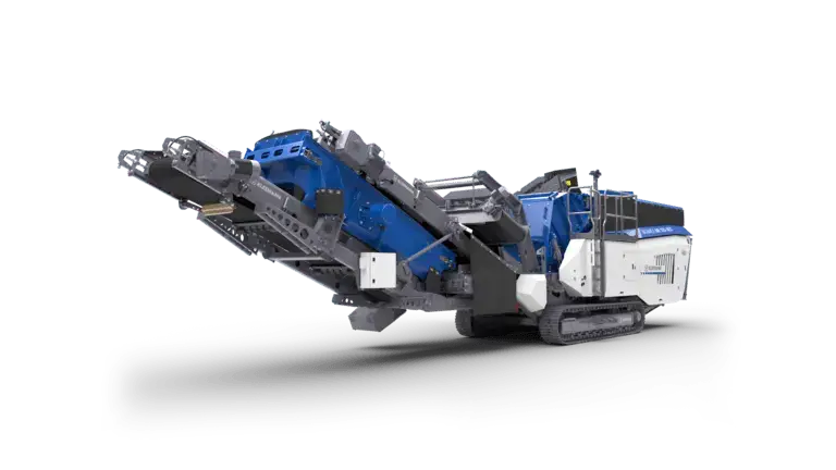 Blue and white mobile crushing plant on tracks.