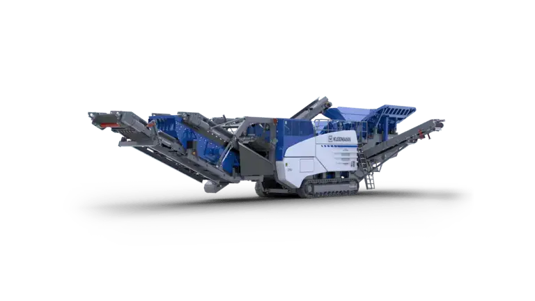 Blue and white Kleemann mobile crushing and screening plant.