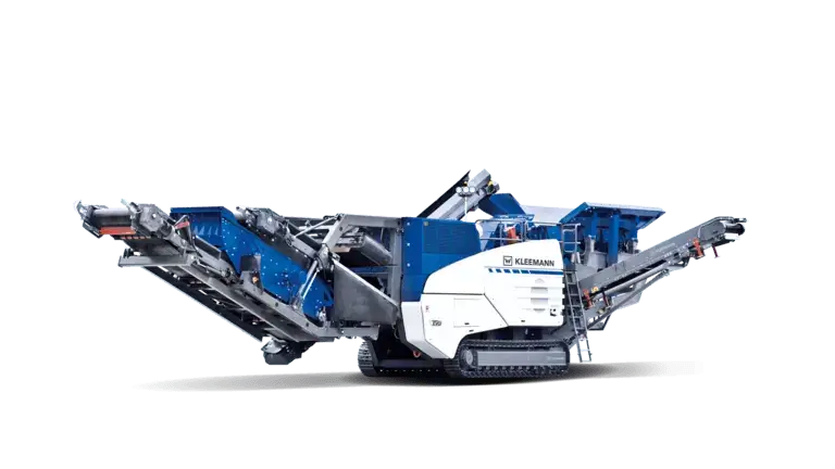 White and blue Kleemann mobile crushing and screening plant.