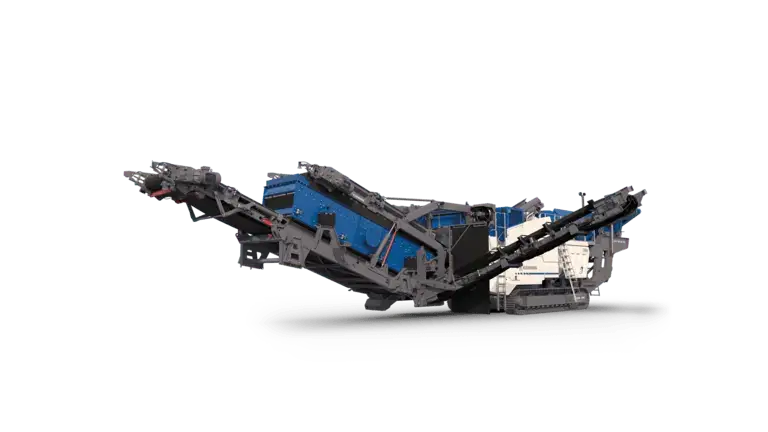 Blue and gray tracked mobile crushing and screening plant.