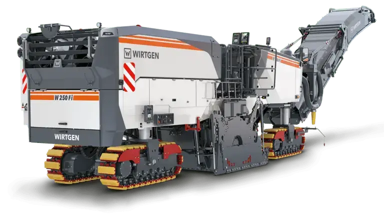 Road milling machine with conveyor belt extended.