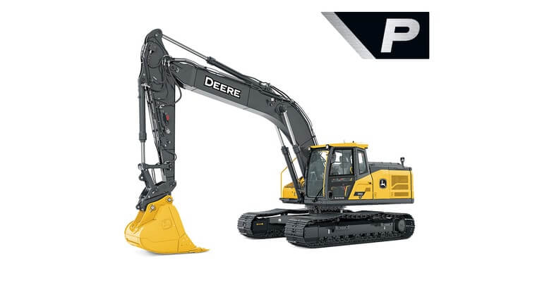 Yellow and black John Deere excavator with bucket and tracks.